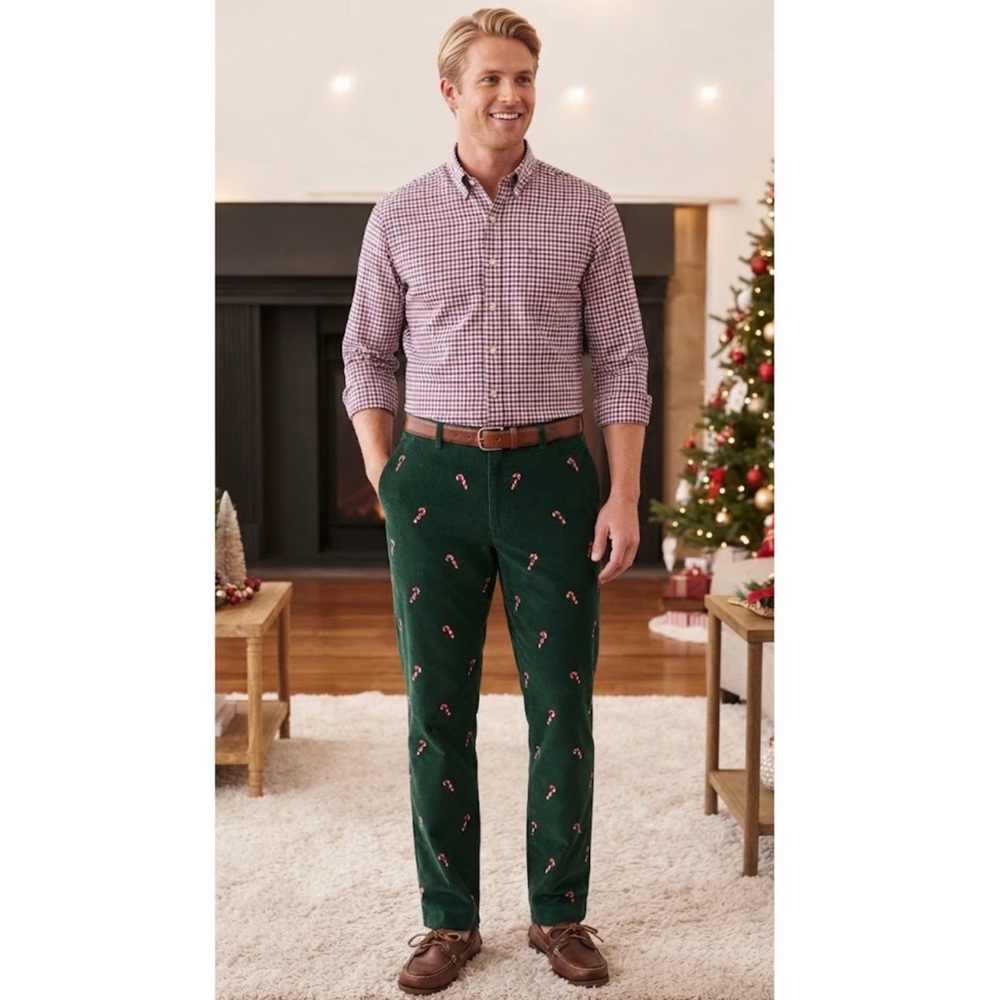 Orvis Men’s Holiday Green Corduroy Slacks Embroidered Candy Canes Size 40